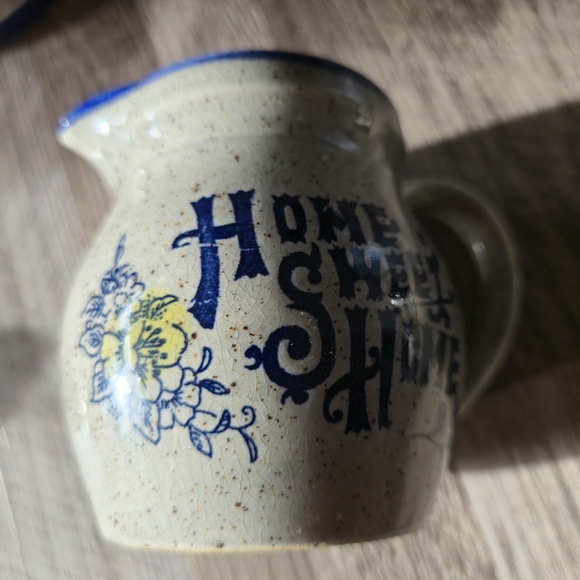 Vintage Home Sweet Home Speckled Stoneware Creamer & Sugar Blue Floral Farmhouse - Picture 5 of 15